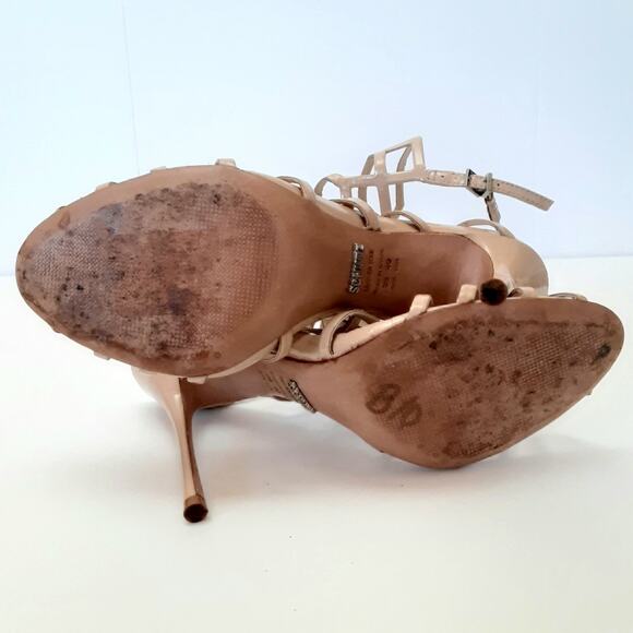 Shutz Juliana Caged Heels Nude Patent Leather Peep Toe Strap Heels 8 Wedding - Picture 13 of 14